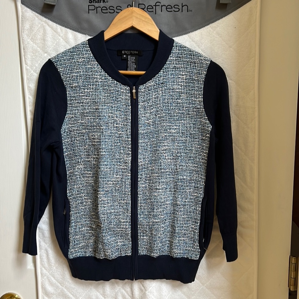 Etcetera Women Blue and White Knit Jacket, Size M
